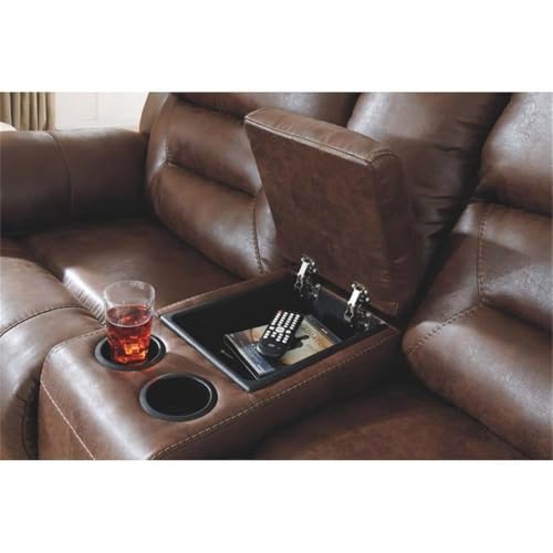Image of Signature Design by Ashley Stoneland Faux Leather Power Double Reclining Loveseat with Center Console, Dark Brown
