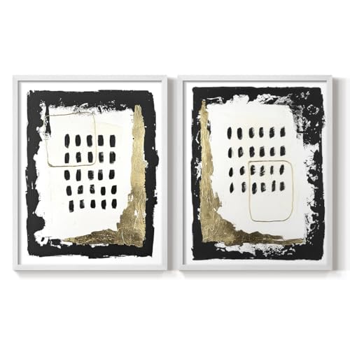 Renditions Gallery Set of 2 Peel & Stick Framed Prints, Abstract Wall Art, Rough Black & Gold Junction Wall Decor, Re-Stickable - Ready to Hang - 11"x14" - White Frame LT585