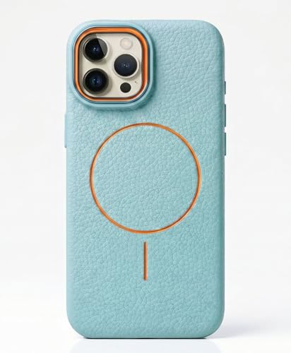Image of amazon basics Luxury MagSafe Compatible Leather Texture Back Cover for iPhone 13 Pro | Raised Camera Protection | Slim Fit Shockproof Case with Metallic Accents (Light Blue)