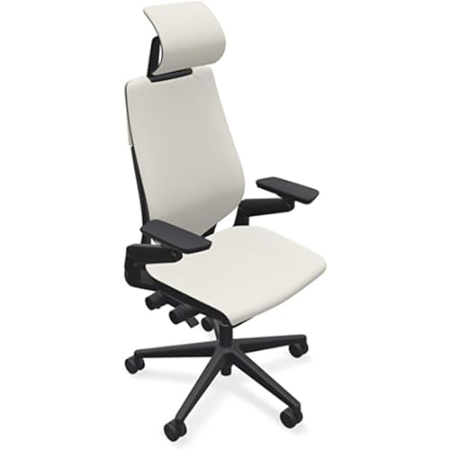 Steelcase Gesture Office Desk Chair with Headrest in Elmosoft Genuine White L151 Leather Plus Lumbar Support Low Black Frame wth Soft Hard Floor Casters
