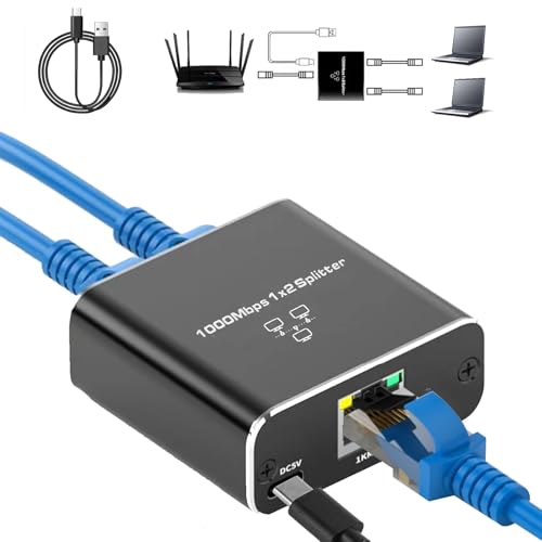 Pushua Gigabit Ethernet Splitter 1 to 2 High Speed, 1000Mbps Internet Splitter 1 in 2 Out, LAN with USB Power Cable, RJ45 for Cat5/5e/6/7/8 Cable(2 Devices Simultaneously Networking)