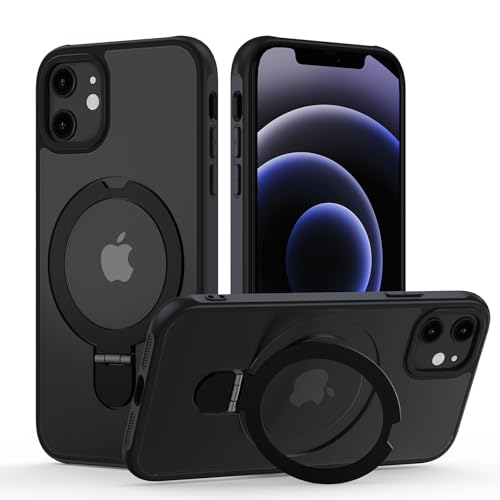 Funda para iPhone 11, [Compatible con MagSafe] Carcasa con Invisible Soporte de Anillo Giratorio, Case Borde de TPU Silicona + Respaldo Translúcido Mate PC Rigida para Apple 11, Negro