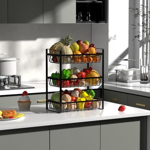 Image of 2 Tier Countertop Fruit and Vegetables Basket | Multipurpose Storage Organize Stand for Kitchen, Dining Table and Bathroom (3 Tier Black)