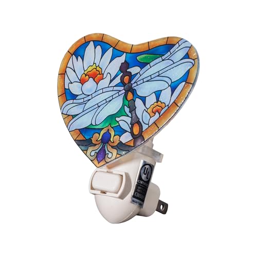 Image of Dragonfly with White Lotus Night Light - Stained Glass Styled Plug-in Wall Light for Vertical Outlets - Real Glass, Warm Glow for Bedroom, Bathroom, Hallway -Gift for Nature Lover