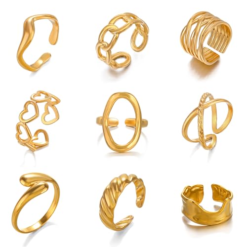 Hifot 9 Piezas Anillos Mujer Oro, Irregulares Nudillos Anillos Gruesos Set, Vintage Anillo Regalos para Mujer Juego De Apilables Anillo Ajustable Bohemio
