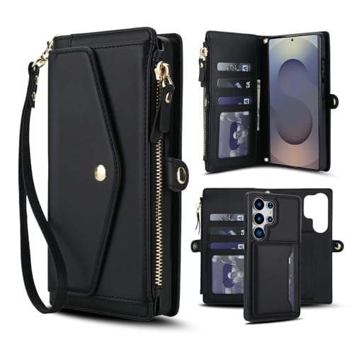 Étui compatible avec Samsung Galaxy S21 FE à rabat arrière en cuir noir amovible