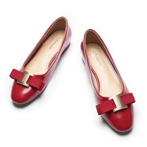 C.Paravano Women's Ballet Flats with Round Toe | Bow & Metallic Buckle | Soft Leather Slip-Ons for Work Commute, Office & Date Nights | Dress Shoes for All-Day Wear(8,Red)