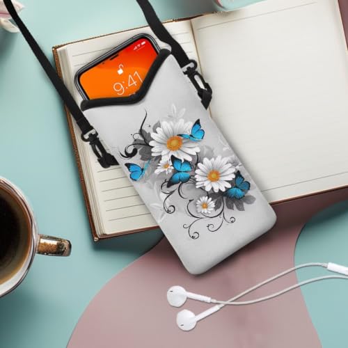 Image of Small Crossbody Cell Phone Bag for Women Men Mini Phone Purse with Crossbody Strap Neoprene Mini Phone Wallet Shoulder Bag Fits Most Smartphones, 8 x 4 inch, Daisy Butterfly Gray