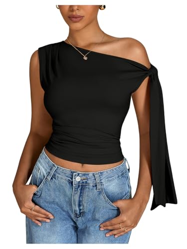 Milumia Women's Ruched One Off The Shoulder Tank Tops Asymmetrical Neck Tie Shoulder Going Out Top