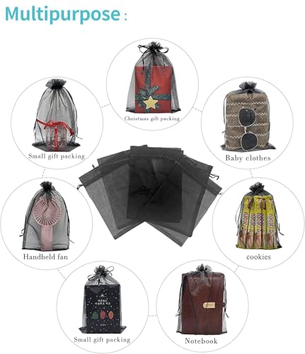 Image of Dealglad 50pcs Drawstring Organza Jewelry Candy Pouch Christmas Wedding Party Favor Gift Bags (8x12 inch, Black)