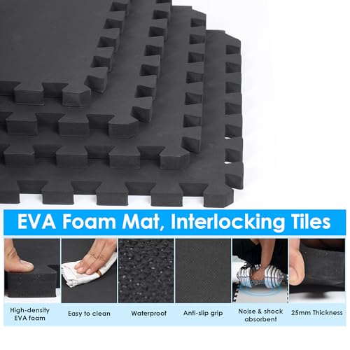 Image of EASY HOME Gym Mats for Floor for Home and Living Room, Interlocking Rubber Floor Gym Mat for Exercise, Super Absorbent EVA Foam Mat- 60x60cm - 25mm Thickness, Black & Grey (8 Tiles - 32Sqft)