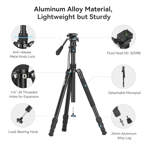 Image of SmallRig 72 inch Video Tripod Monopod with Fluid Head, Aluminum Camera Tripod, 360 Panorama Ball Head for Travel, Video, Live Streaming, Vlogging, Adjustable Height from 16.5 inch to 72 inch - 3760