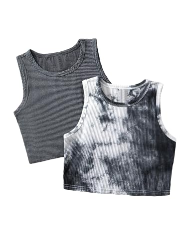 Milumia Girl's 2 Piece Tie Dye Ribbed Knit Round Neck Tank Top Sleeveless Summer Crop Tops