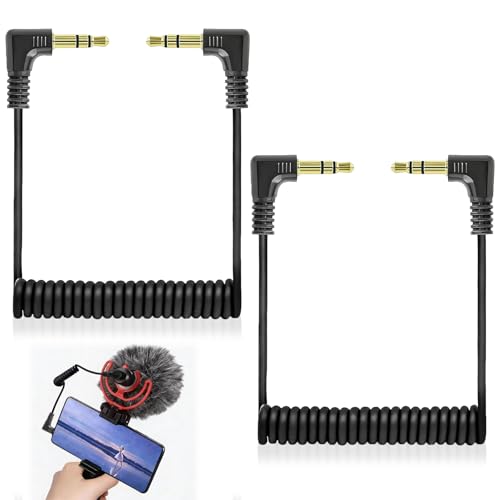 2 PCS Câbles Audio 3,5mm Spiralé, Connecteurs Mâle à Mâle, TRS À Angle Droit, Double Jack Stéréo Coudés pour Autoradio, Casque, PC, Enceintes,...