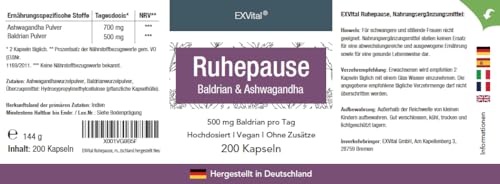 EXVital Ruhepause, mit Baldrian & Ashwagandha, Hochdosiert mit 500 mg Baldrian pro Tagesdosis, 200 vegane Kapseln reichen für 100 Tage! Frei von Zusätzen & in Deutschland hergestellt