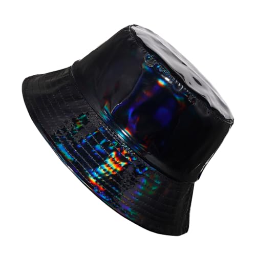 Image of Unisex Black Bucket Hat Waterproof Rain Hat Reversible Shiny Rave Bucket Hat for Concert Festival