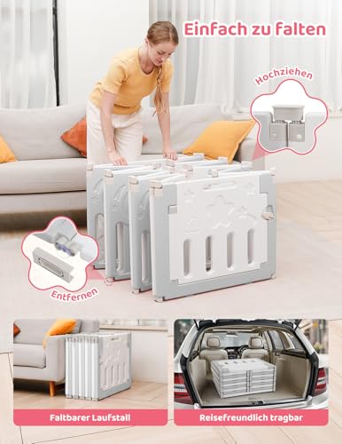 Dripex Laufstall Baby faltbar 150x150x62cm (14 Paneele) mit Spielboard, Laufgitter Baby, Kinderlaufstall & Babyzaun aus strapazierfähigem Plastik, Playpen für Innen & Außen, Grau