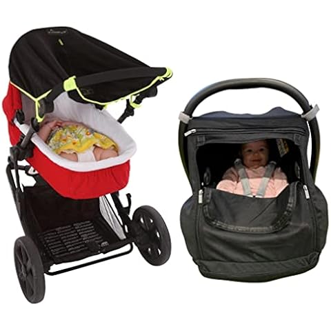 Newborn Baby Sunshade Bundle - SnoozeShade Original (0-6m) pram Sunshade (Green Trim) and SnoozeShade Infant Car Seat Sunshade Cover