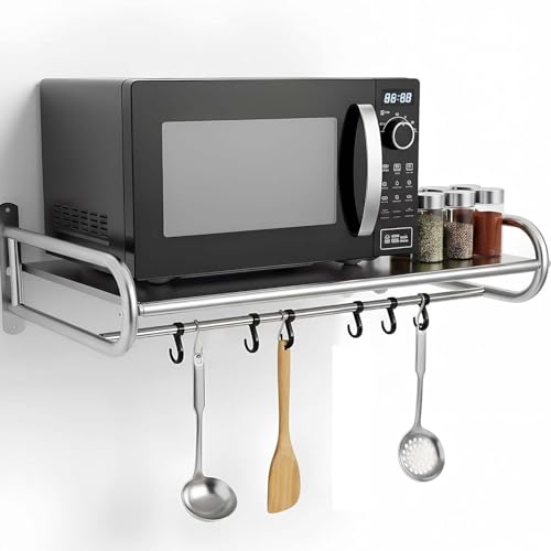 Universal Microwave Wall Shelf with Movable Hooks, Space-Saving Storage for Kitchen Utensils and Spices