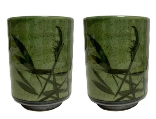 j-pure hitomi Japanese Traditional Ceramic Yunomi Tea cup Set, H4.0 x3.11 Inches in diameter, 10.8 Fluid Ounces, Mino Ware, Reed Motif Design Mashiko for Hot Green Tea, Set of 2 from Japan (Green)