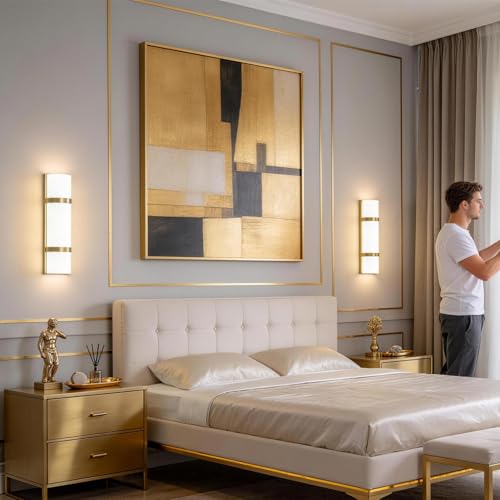 Image of Modern Bathroom Wall sconces Set of 2 - 16 Inch Bathroom Wall Light Fixture, LED Gold Wall Sconce with Artisanal White Frosted Glass, 4000K Warm Lighting for Hallway Bedroom Living Room