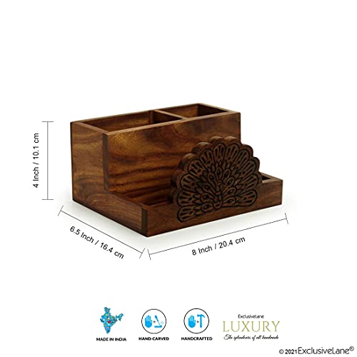 Image of ExclusiveLane 'The Dancing Peacock' Hand Carved Wooden Cutlery Stand & Stationery Holder In Sheesham Wood - Spoon Stand Holder With Napkin Holder Tissue Holder For Dining Table Organizer Spoon Stand