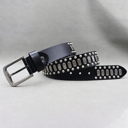 3 Row Studded Punk Leather Belt,Women Men Gothic Square Beads Metal Rivet Strap for Jeans, Pants and Accessories (115cm/45, Black)3