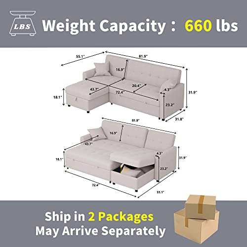 Mgh Reversible Sectional Sleeper 82In Wide Couch With Storage, Pull-Out Sofa Bed, L-Shape With Chaise For Living Room Small Apartment (Light Grey), Lv7047 #TOP1