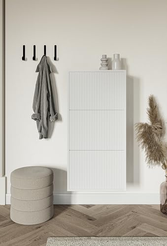 Meuble à chaussures suspendu Veldio blanc à lamelles avec 3 compartiments de rangement