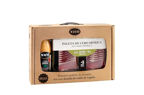 Nico CAJA MALETIN Loncheado de PALETA DE CEBO IBERICA + botella de CALDO de 750ml