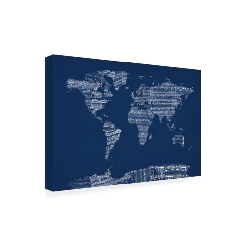 Sheet Music World Map in Blue by Michael Tompsett, 16x24-Inch Canvas Wall Art