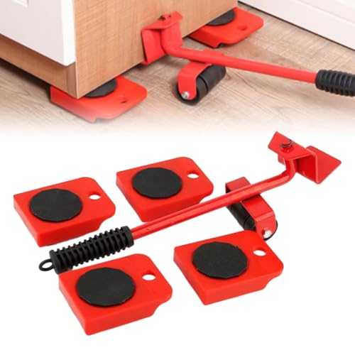 2025 New Furniture Lift Mover Tool Set, Upgrade Furniture Lifter Tool Furniture Movers with Adjustable Height Lifting Tool Lever & 4 Wheels, Mover Dolly Sliders Tool for Heavy Furniture (Red, 1)