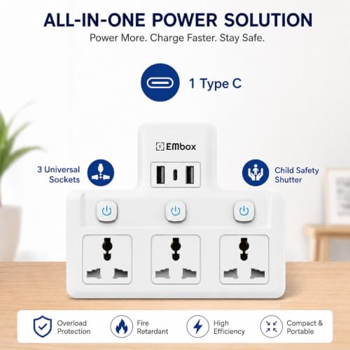 Image of EMBOX Multi Plug Adapter with Individual Switch| Cordless Extension Board with 3 Universal Sockets| Multiplug 1500W Super Saver