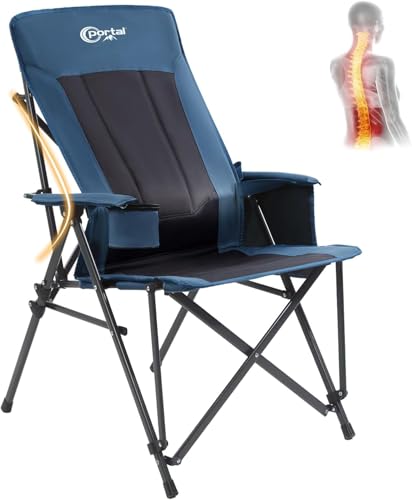Portal Folding Camping Chair for Adults with Lumbar Support Heavy Duty 180KG High Back Garden Festival Picnic Chair Hard Armrests Deluxe Foldable Collapsible Portable for Fishing Beach Patio