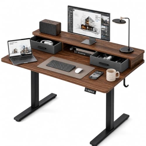 Grandder Electric Standing Desk with Two Drawers, Sit to Stand Up Height Adjustable Desk with Storage Shelf for Home Office, 47 * 24 Inch, Study, Ergonomic Adjustable Computer Desk, Walnut