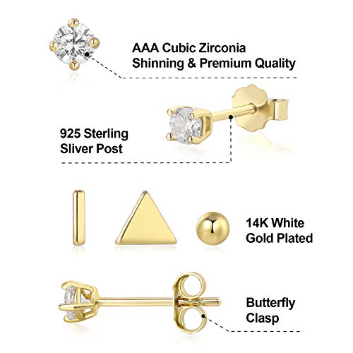 Sterling Silver Stud Earrings Set - 4 Pairs Small Ball, Triangle, Round CZ, Bar Studs - Hypoallergenic Cartilage 14K (3mm2&5mm2)2