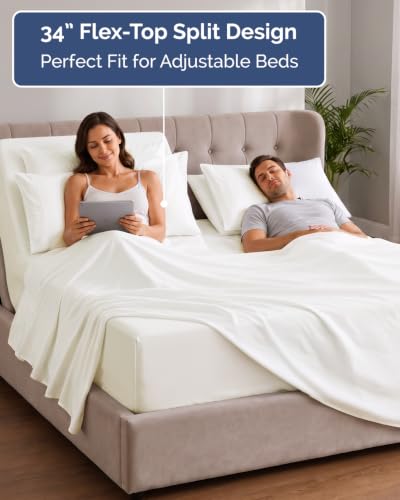 Image of Extra Deep Flex Top Split Head King Sheet Set - 6 Piece Breathable and Cooling Sheets - Hotel Luxury Bedding for Women, Men, Kids & Teens - Easy Secure Fit - Extra Deep Pockets - Antique White