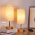 Yarra-Decor Bedside Lamps with USB Port - Touch Control Table Lamp for Bedroom Wood 3 Way Dimmable Nightstand Lamp Set of 2 with Round Flaxen Fabric Shade for Living Room, Dorm, Home Office (2 Pack)