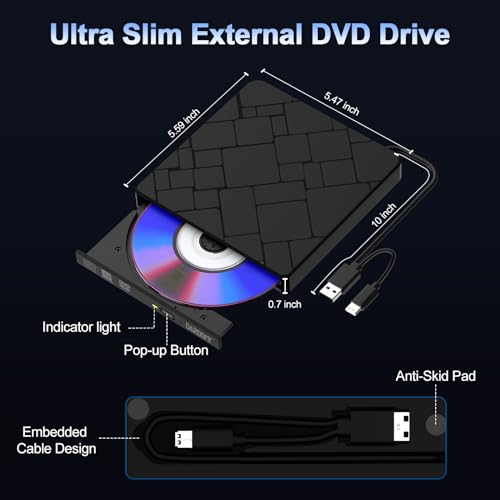 External CD DVD Drive for Laptop USB 3.0 Type-C Slim Portable Player CD DVD RW Writer Reader Burner, Low Noise Optical External Disk Drive for Desktop, PC, Mac OS,Windows 11/10/8/7/XP/2003/Vista/Linux - Image 7