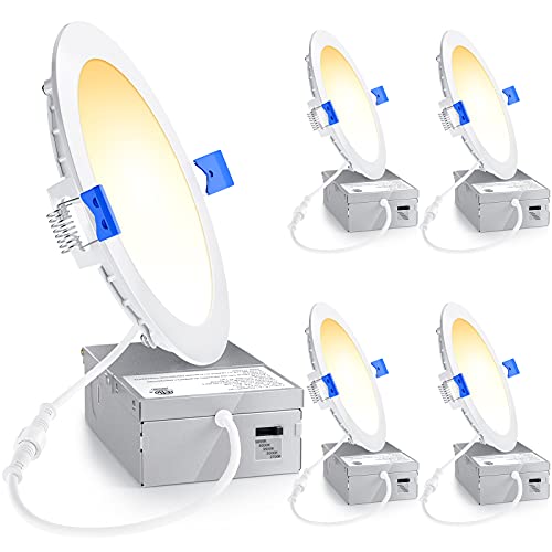 Limited Stock Ensenior 4 Pack 6 Inch Ultra-Thin LED Recessed Ceiling Light with Junction Box, 2700K/3000K/3500K/4000K/5000K Selectable, 12W 110W Eqv, Dimmable, 1050LM High Brightness - ETL and Energy Star Certified
