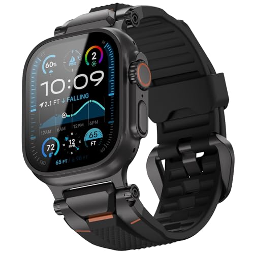 Image of ULTIMAL Rugged Band for Apple Watch Ultra 3 /2 /1 49mm, Series 11 /10 /9 /8 /7 /6 /5 /4 SE 46mm /45mm /44mm, Waterproof, Soft TPU Strap with Stainless Steel Buckle & Connectors, Sweat-Resistant, Easy to Clean, Fits 155-225mm Wrist (Black /Black)