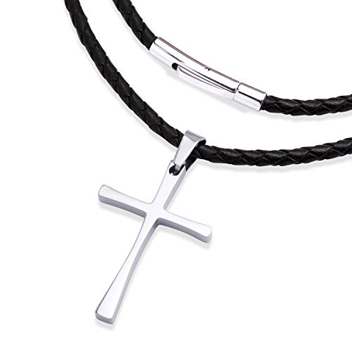 555Jewelry Stainless Steel Metal Cross Braided Rope Cord Unisex Women Men Religious Christian Prayer Vintage Fashion Jewelry Pendant Hanging Necklace, Silver & Black 16 Inch