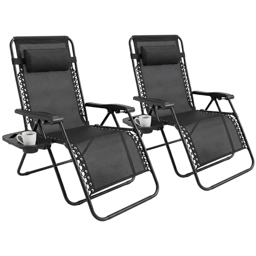 Set of 2 Folding Reclining Adjustable Zero Gravity Lounge Chairs, Garden Chairs leisure Beach Chair with Headrest Sun and Cup Holder Loungers Powder-coated Steel Frames, Sunlounger,Beach Lounger,Black