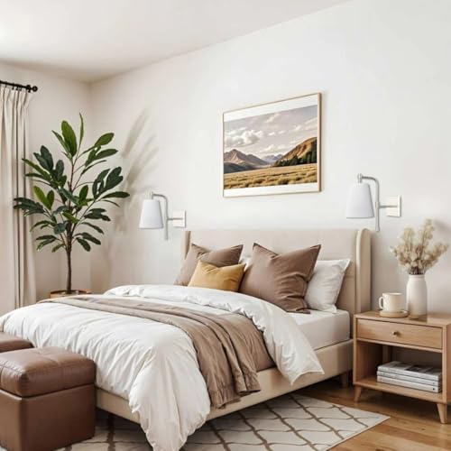 Image of 1-Light Wall Sconce, Polished Nickel Finish, Fabric Linen Shade, Adjustable Swing Arm, Hardwired Wall Mounted Light Fixture for Bedside, Living Room, Bathroom, Versatile Home Decor