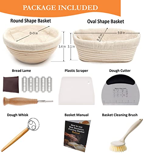 Banneton Bread Proofing Basket Set-A Complete Sourdough Proofing Basket Kit Of 9 Inch Round And 10 Inch Oval Bread Baskets With Cloth Liners Dough Scrapers Dough Whisk Bread Lame And Cleaning Brush #TOP1