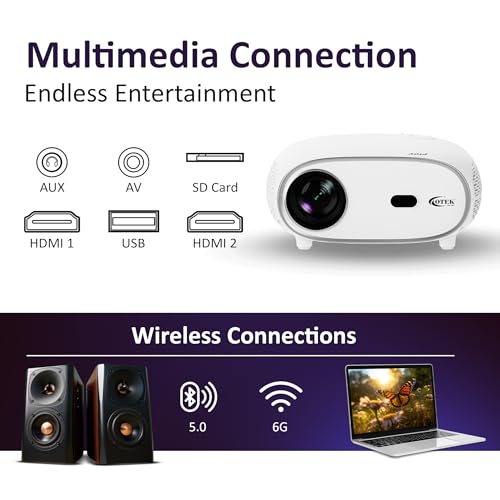 Image of OTEK Play Smart Projector, Android 13, 1080P Native, 4K Support, 7500 Lumens, Auto Focus & Keystone, WiFi & Bluetooth, 5W Speaker, Portable Home Theater Cinema, White