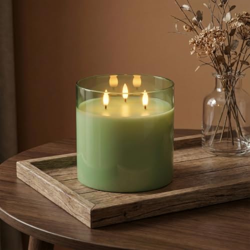 Image of Homemory 6 x 6 Inch Extra Large Flameless Candle with 3 Wicks, Sage Green Glass LED Pillar Candle, Real Wax Battery Operated Candle with Remote Control and Timer for Home Decor