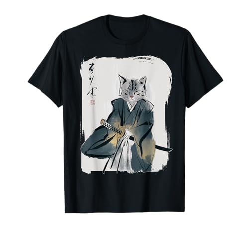 Samurai Cat Vintage Ukiyo-e Warrior Art Graphic Cat Art Maglietta