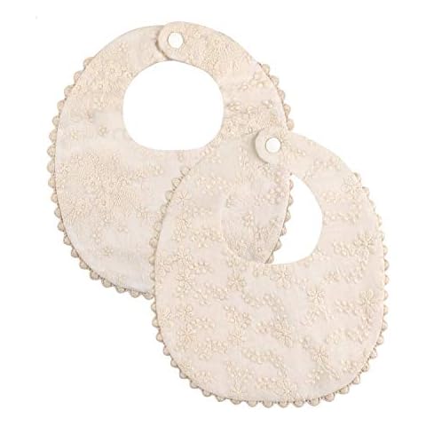 GZMM Baby Bib For Girls,Reversible Waterproof Handmade Natural Cotton Baby Drool Bib 0-12 months 2 Pack (off-white color, 0-12 months) Cover