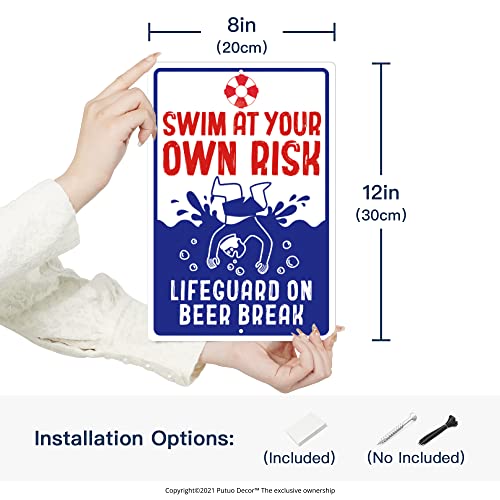 Putuo Decor Pool Rules Metal Signs, Pool Safety Decor For Outdoor, Swimming At Your Own Risk, 12 X 8 Inches Aluminum #TOP1